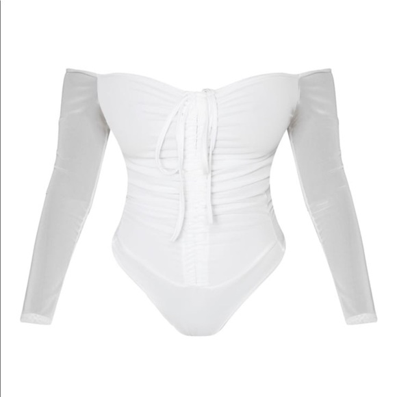 Shape White Mesh Long Sleeve Ruched Bodysuit - Picture 4 of 8